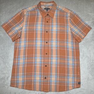 Toad & Co Shirt Men Medium Orange Plaid Organic‎ Cotton Hiker Button Up
